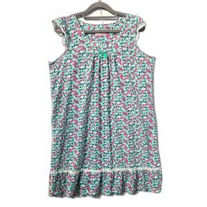 Floral Ditsy Print Pink Green Lounge Home Sleep Yoke Dress Lace Trim Bow Ribbon